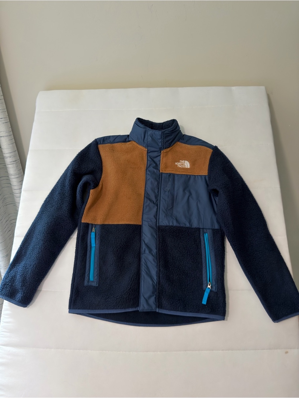 The North Face Boys Colorblock Fleece Full Zip Jacket Blue Brown size L
